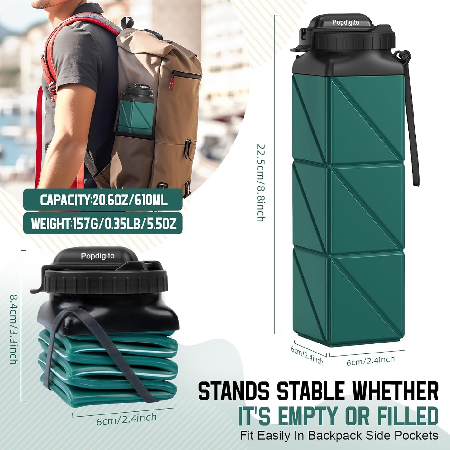 Collapsible Water Bottles 20.6oz Foldable Water Bottle BPA Free Reusable Lightweight LeakProof Travel Silicone Water Bottles for Travel Gym Hiking Camping (Upgrade Dark Green)