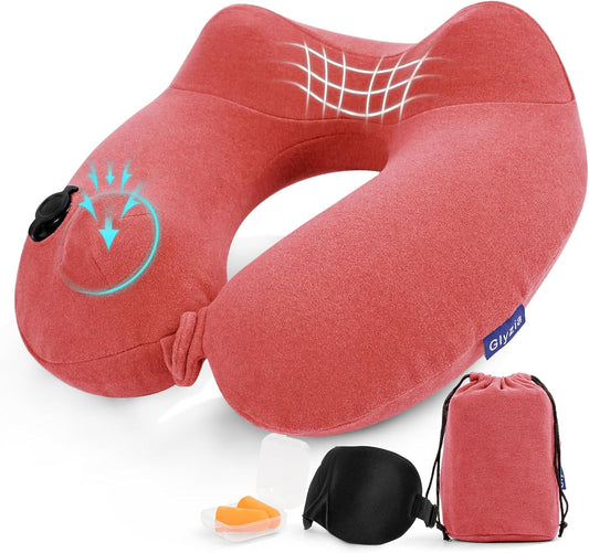 Inflatable Travel Neck Pillow for Airplane, Head Support Velvet Adult Neck Pillow for Long Flight, Kit with Eye Mask, Earplugs and Storage Bag,1, Rose Pink
