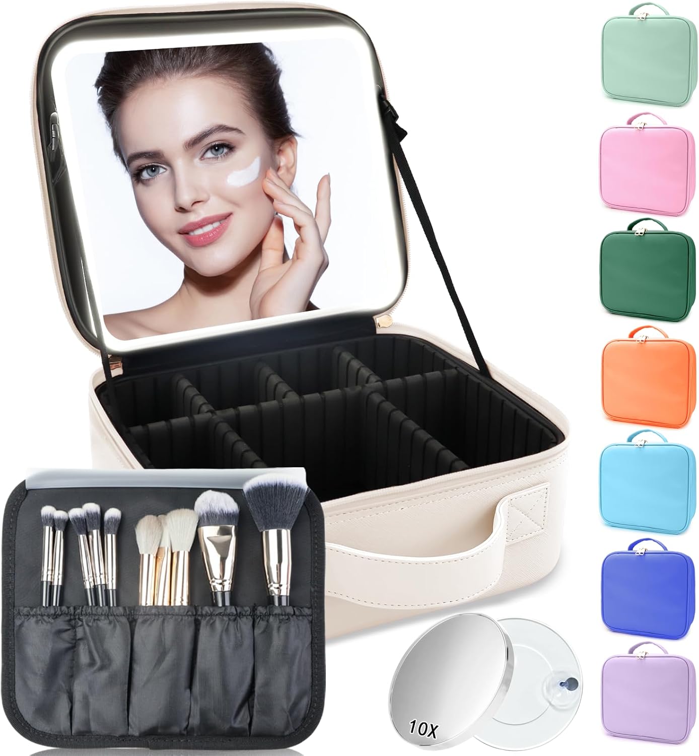 Makeup Bag with Led Mirror,Travel Makeup Organizer with 3 Color Setting & 10X Magnifying Mirror, Portable Storage and Adjustable Dividers Travel Makeup Bag-white
