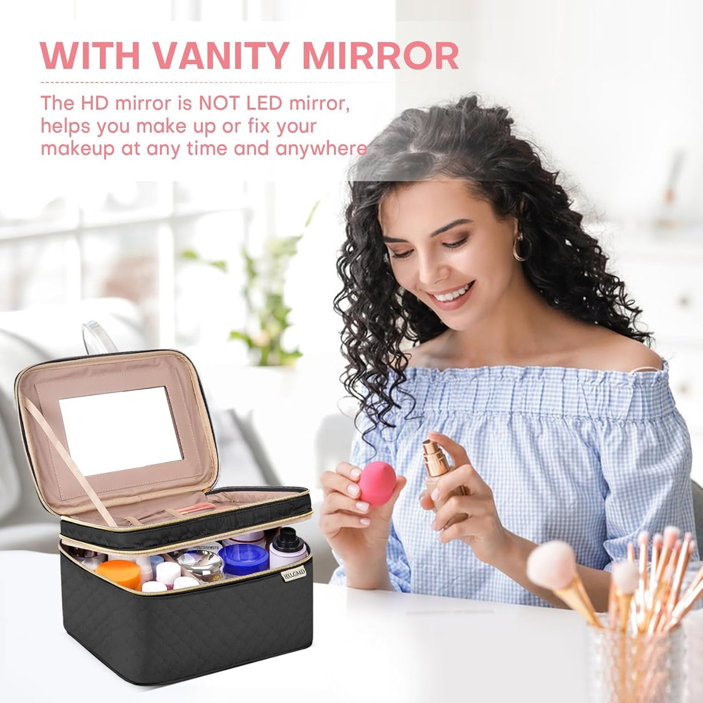 Large Makeup Bag with Mirror Double Layer Travel Make Up Organizer Case, Large Capacity Coemetic Bag with Brush Slot Divider