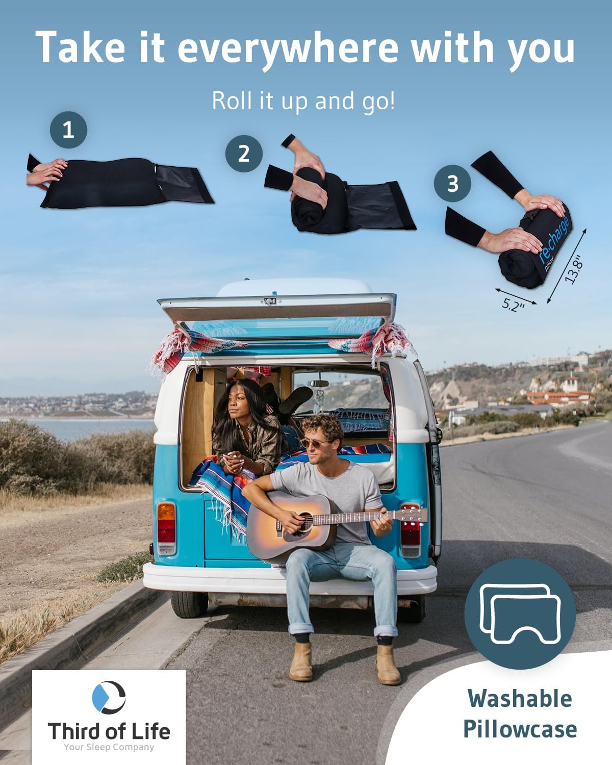 Travel pillow Re-Charge Intense with Activated Charcoal | Orthopedic cervical side sleeper pillow | Ergonomic memory foam against neck pain | Innovative Intense technology for deeper sleep