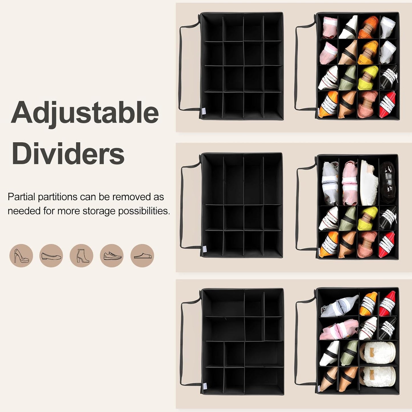 Shoe Organizer for Closet 2 Pack, Foldable Shoe Box with Adjustable Dividers and Clear Cover, Space Saving Shoe Storage Organizer Cabinet with Reinforced Handles, Fits 32 Pairs, Black TP12B