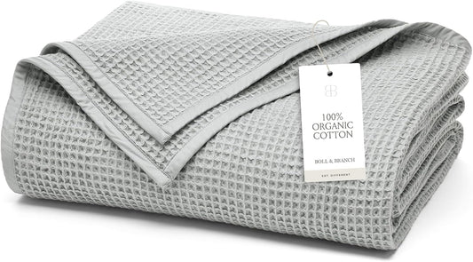BOLL & BRANCH Waffle Bed Blanket - Full/Queen, Shore - Luxury 100% Organic Cotton - Soft, Lightweight and Breathable - Textured Waffle Weave Design