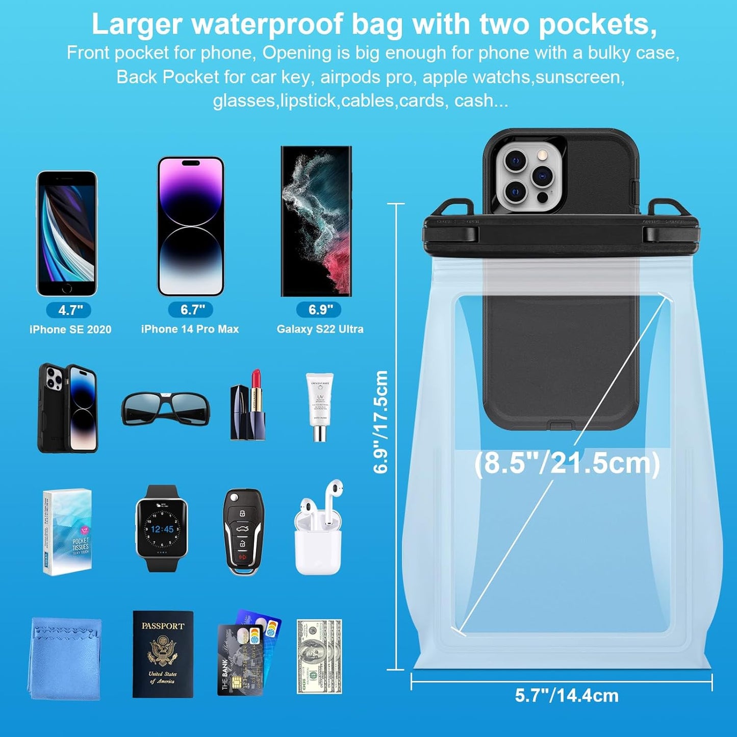 Large Waterproof Phone Pouch Floating, Waterproof Phone Case for iPhone 15 14 Pro Max 13 12 Plus 11 XS XR X Samsung up to 8.5'', IPX8 Water Proof Cell Phone Dry Bag for Beach Swimming Kayaking