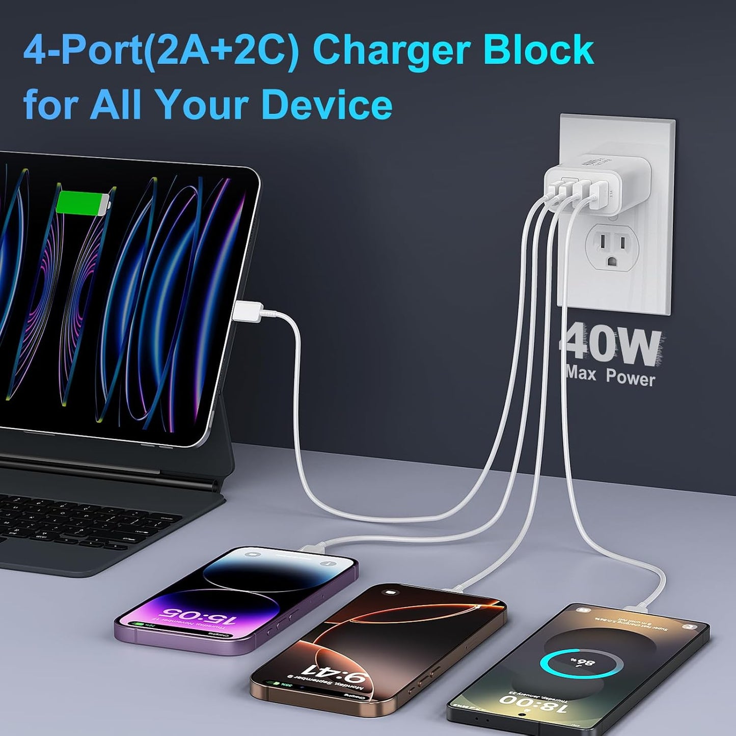 USB C Charging Block, 40W Type C Wall Charger Block 4-Port PD 3.0 & QC Multiport iPhone 16 15 Fast Charger Cube Wall Plug Brick for iPhone 16/15/14/13/12/Pro Max,iPad Pro/Air,Samsung Galaxy S25/S24