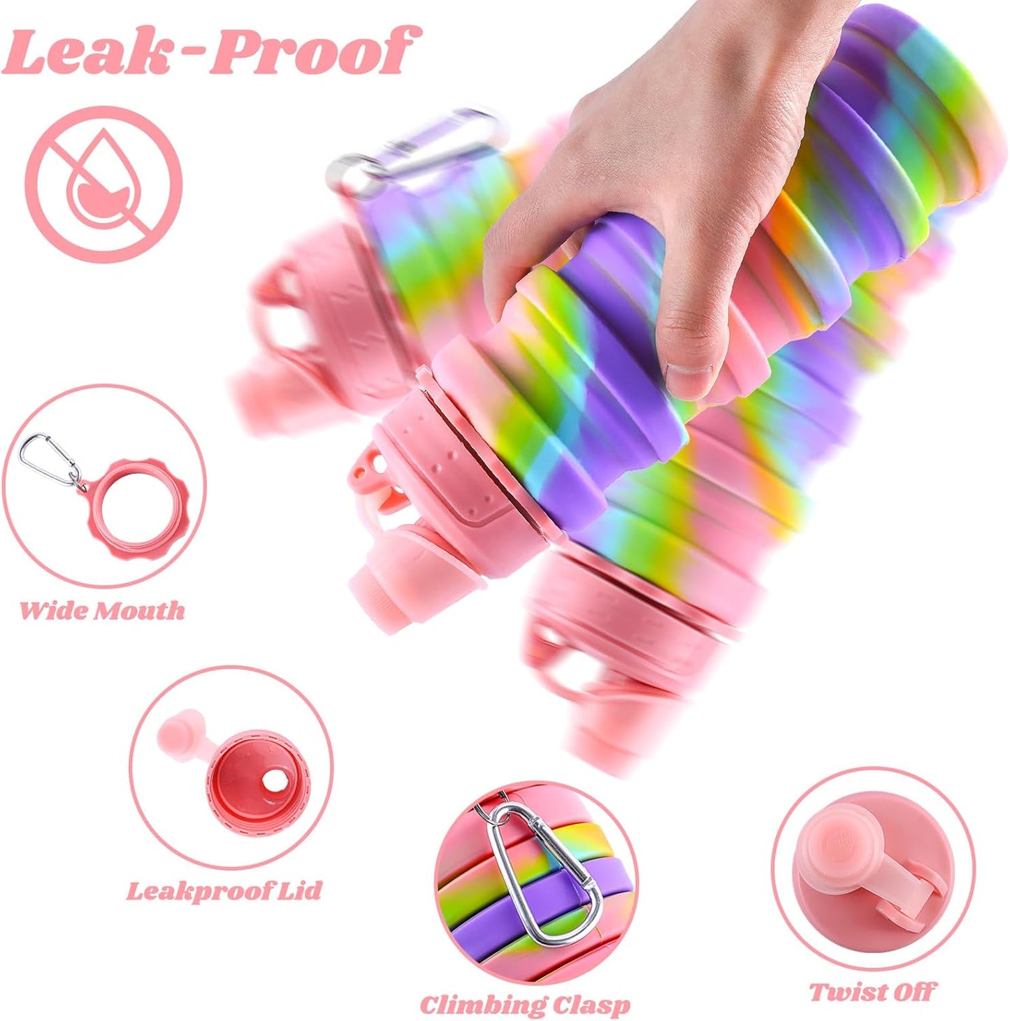 Collapsible Water Bottle for Adults, Boys, Students, Kids, Reusable Silicone Foldable Water Bottles for Travel Camping Hiking Sports,Leak-Proof Portable Sports Water Bottle (Pink & Green)