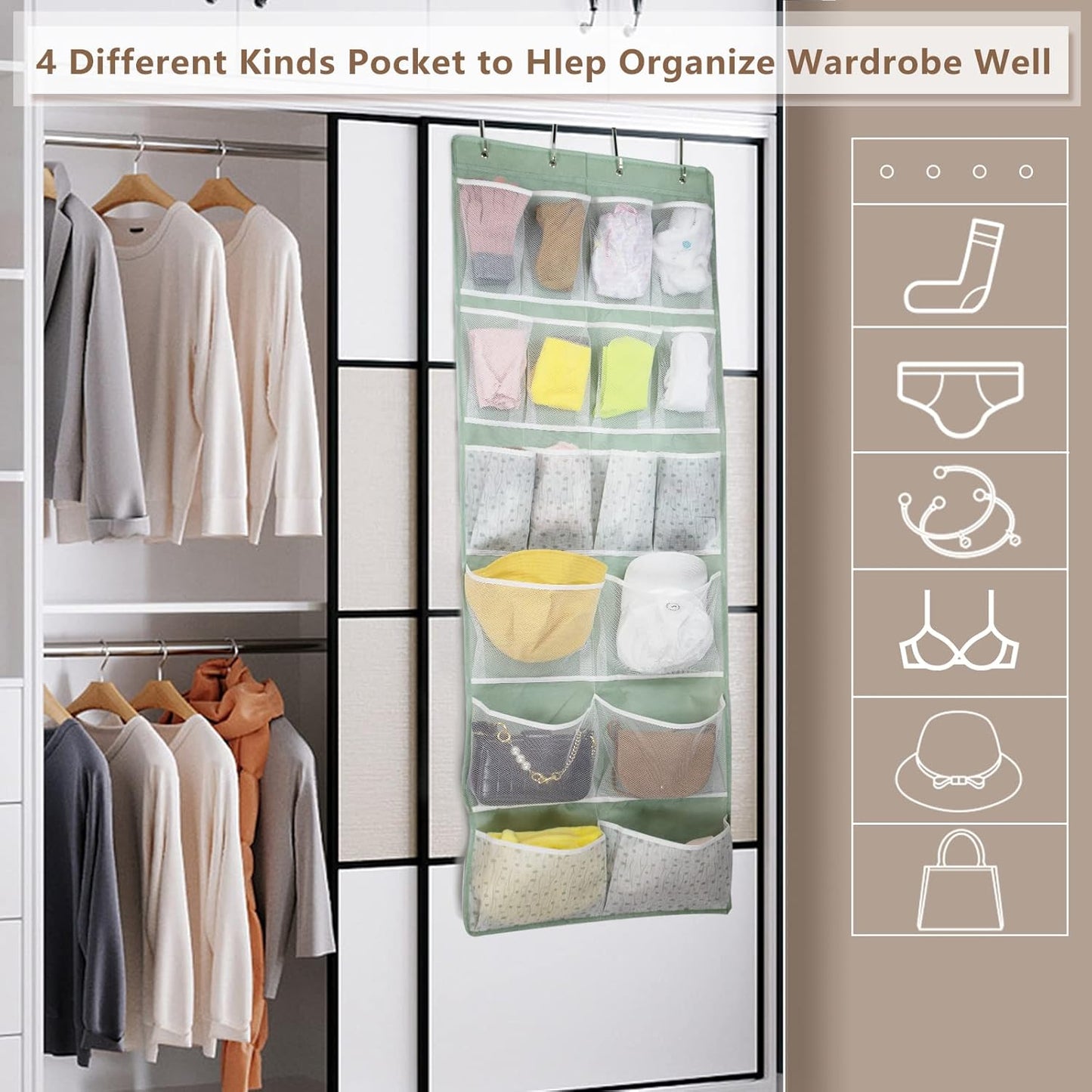 Over the Door Organizer with 4 Kinds of Pockets,Behind Door Shoes Rack,Back of Closet Storage Organization for Socks,Hat,Underwear,Luggage Packing,Hanging Holder Shelf in Home Dorm,Travel,Green