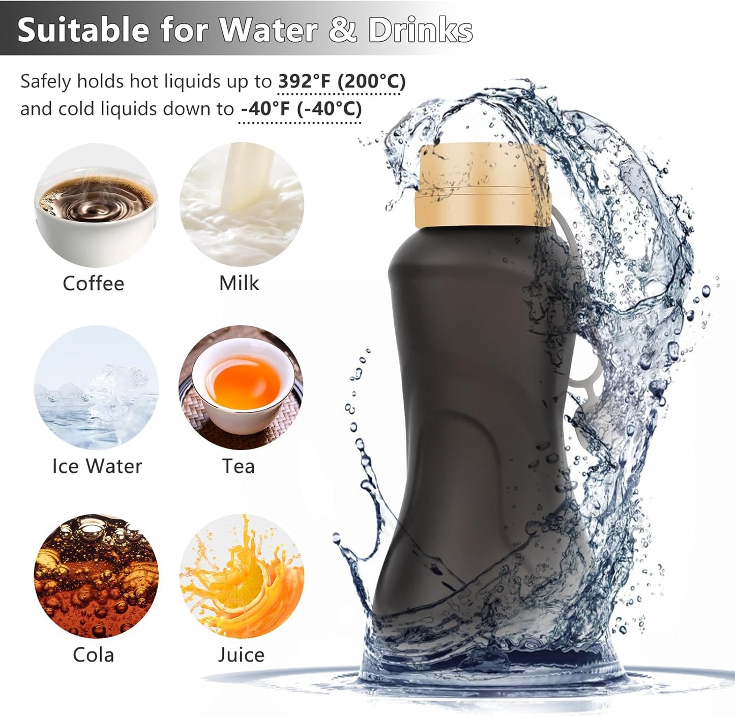 Collapsible Water Bottles,650ml,Leak Proof,Reuseable BPA Free Silicone Foldable Water Bottles,Durable Lightweight for Travel Gym Camping Hiking,Compact Size Portable Sports Water Bottle (Black)
