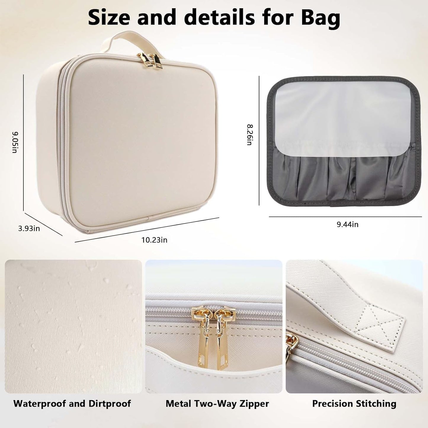 Travel Makeup Bag with LED Mirror Travel Makeup Organizer with 3 Lighted Settings, Adjustable Dividers and Makeup Brush Storage Bag White