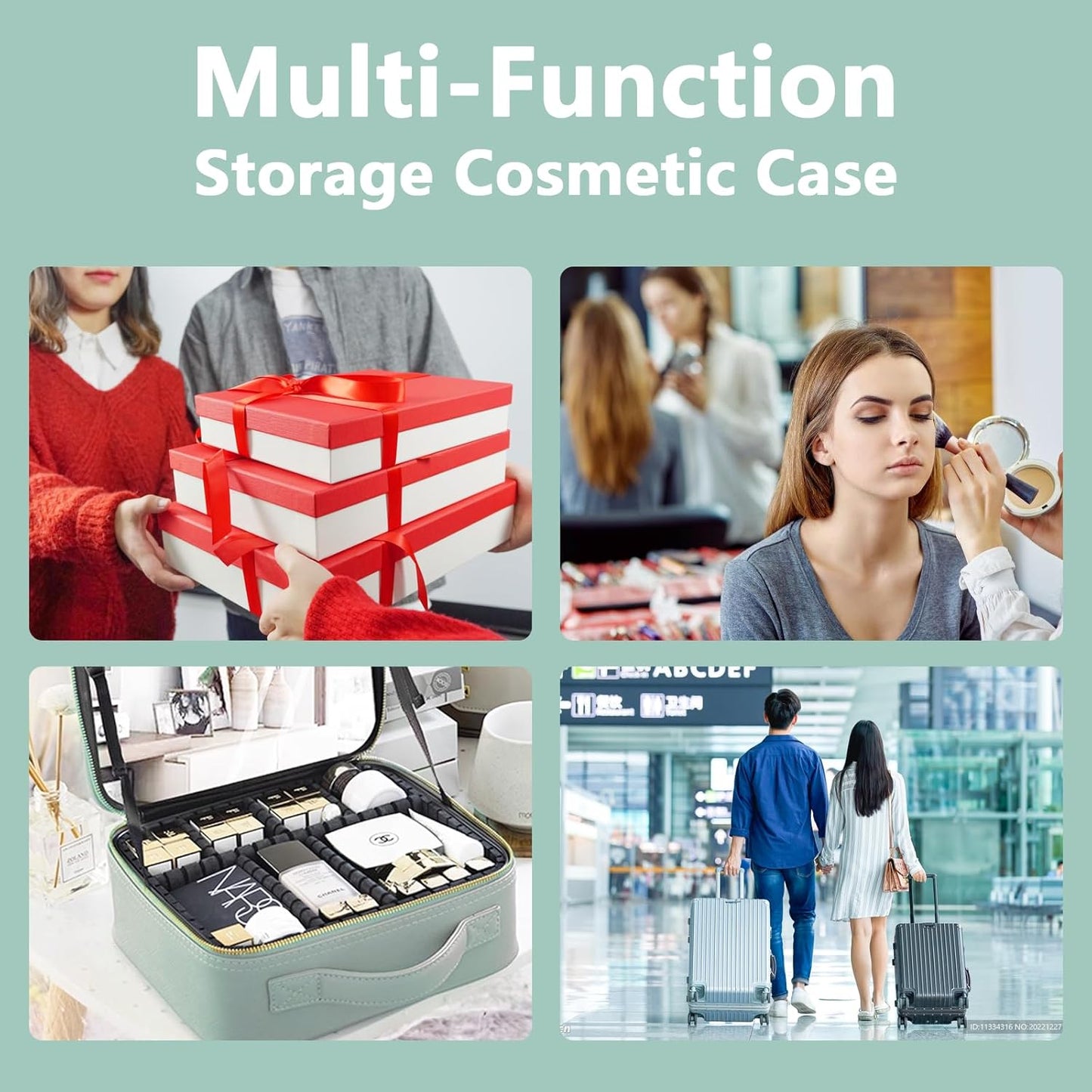 Travel Makeup Bag,with Mirror 3 Color Setting and Detachable 10x Magnifying Mirror Travel Makeup Bag,Portable Storage and Adjustable Dividers （light green）