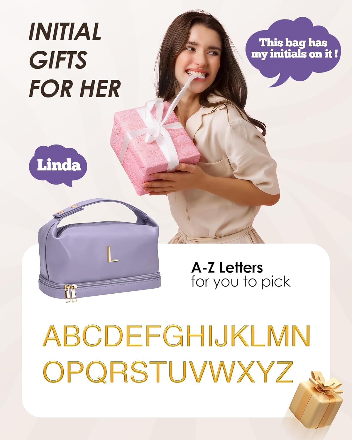 Initial Makeup Bag Personalized Bags with Handle, Waterproof Double Layer Cosmetic Bag, Large Capacity PU Leather Makeup Bags Letter Travel Toiletry Bag with Makeup Brush Organizer