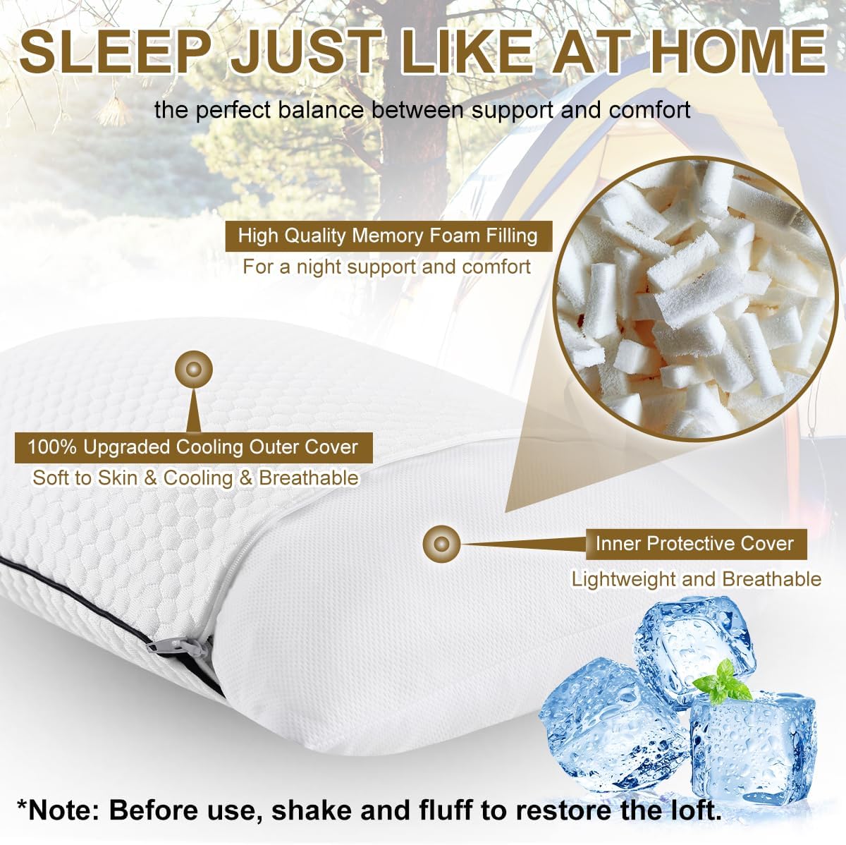Ivellow Travel Pillow Cooling Camping Pillow for Sleeping Compressible Shredded Memory Foam Pillow Compact Firm Supportive Pillow for Adults Kids Outdoor Backpacking Hiking Essential Gear White M