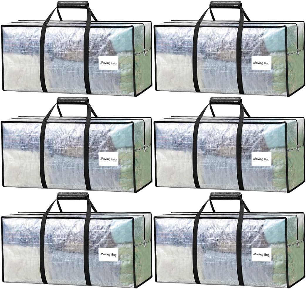 6 Pack Heavy Duty Moving Bags with Padded Wrap Around Handles-Strengthened Zipper Extra Large Storage Totes for Dorm College Clothes Clear