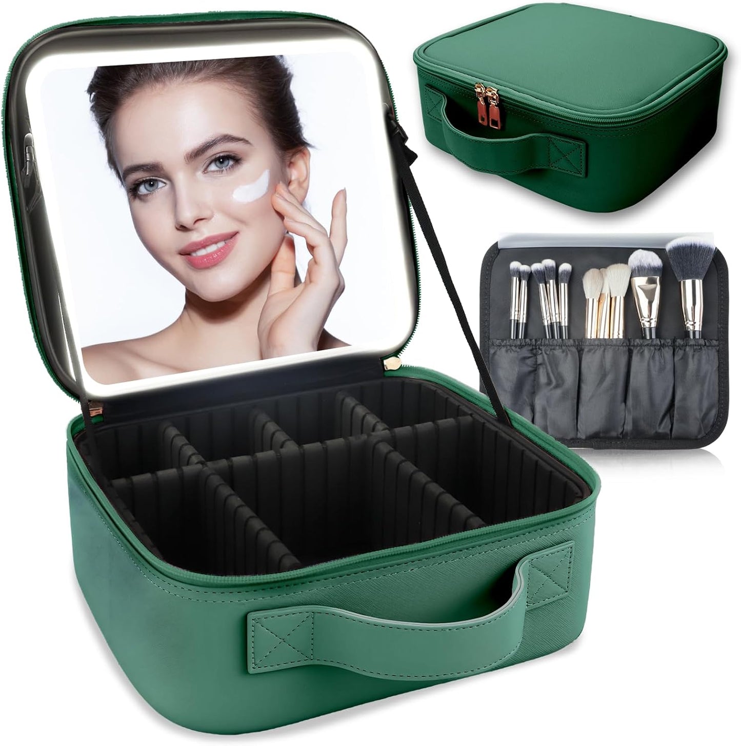 Makeup Bag with Led Mirror,Travel Makeup Organizer with 3 Color Setting, Portable Storage and Adjustable Dividers Travel Makeup Bag(Dark green)