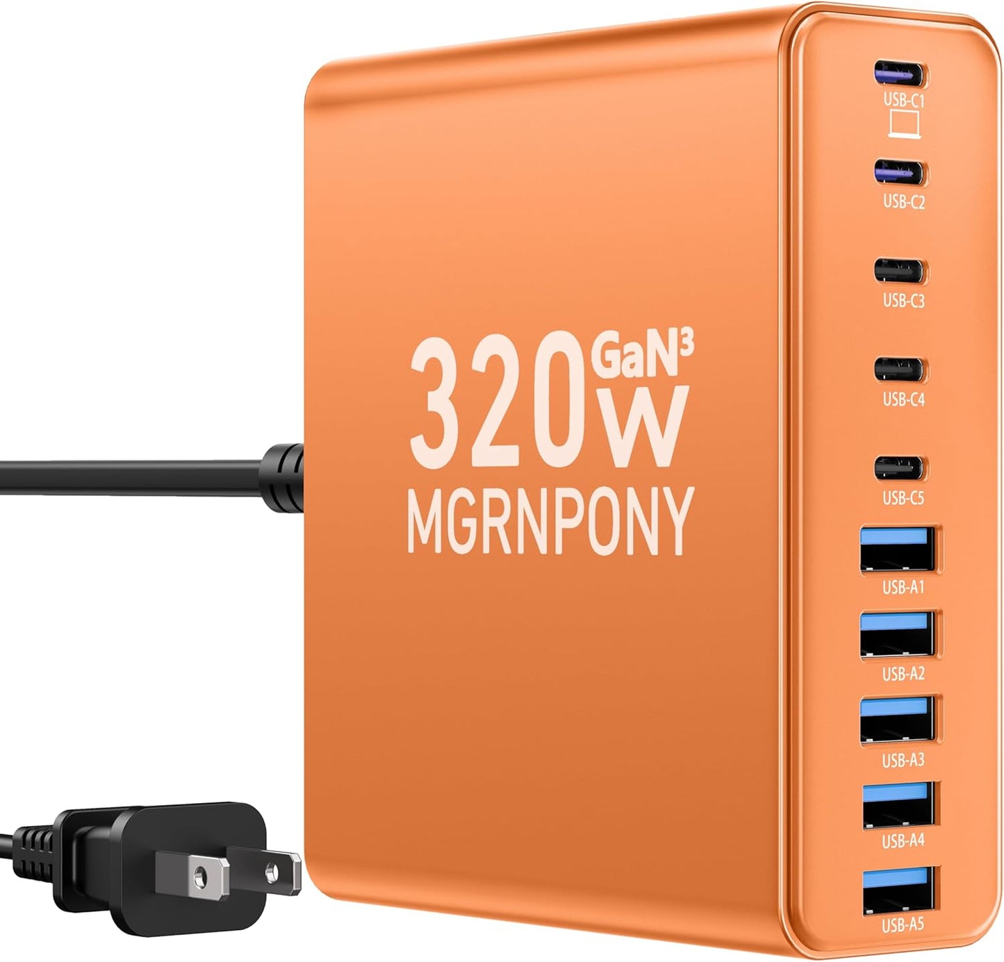 320W USB C Charger Block, 10-Port USB C Charging Station GaN III PD 65W Laptop Fast Charger Adapter for MacBook Pro/Air, DELL, iPad, iPhone, Samsung Galaxy (Orange)