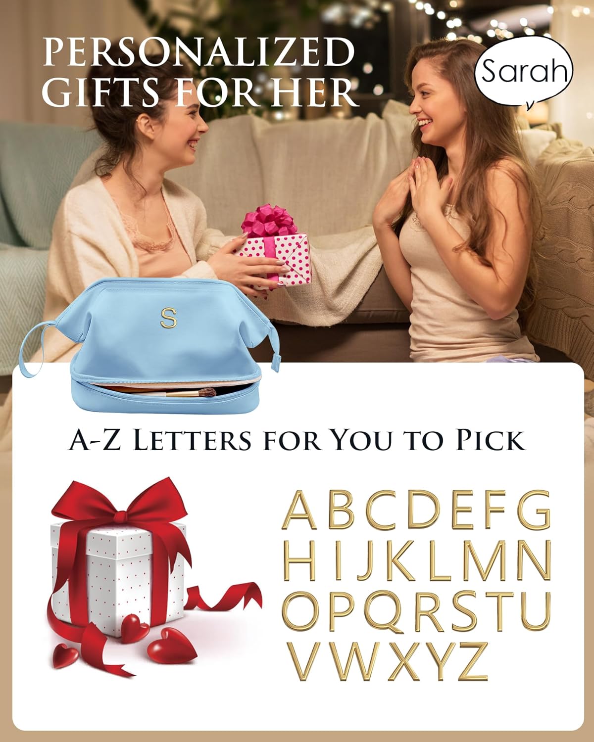 Birthday Gift for Daughter-Initial Large Makeup Bag, Personalized Double Layer Cosmetic Bag with Makeup Brush Organizer, Personalized Gift for 7 8 9 10 11 12 13 14 15 16 17 18 Year Old Girls