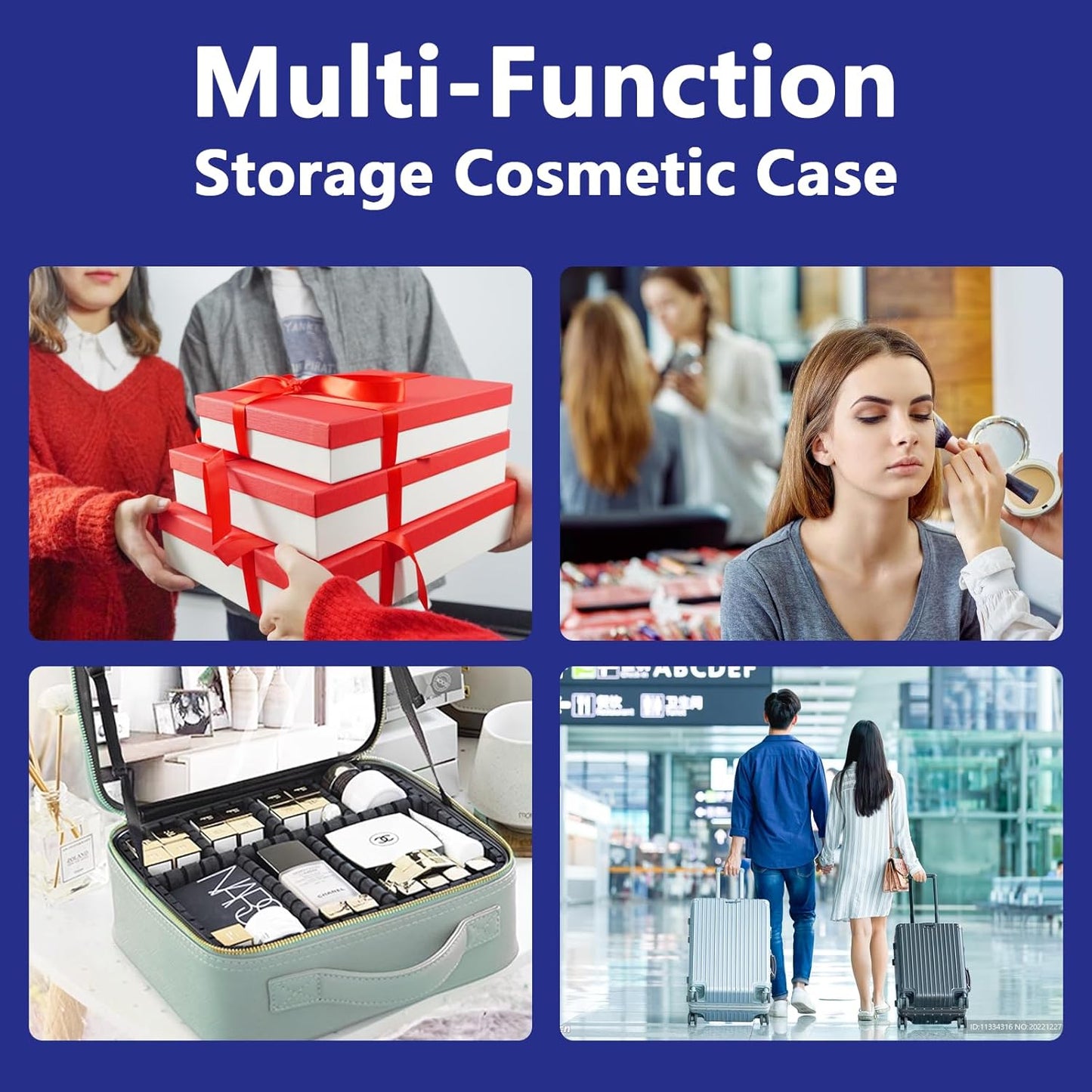 Travel Makeup Bag with LED Lighted Mirror, Travel Makeup Organizer,3 Color Setting Cosmetic Makeup Box, Adjustable Dividers and Brush Holder（dark blue）