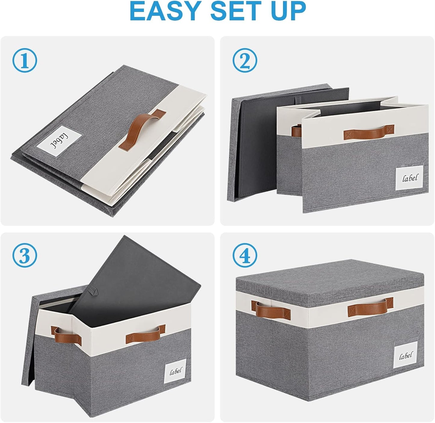 Extra Large Storage Bins with Lids, Foldable Fabric Storage Baskets with Lids, Sturdy Storage Boxes with Labels and 3 PU Handles for Closet Home Bedroom Office (32L, 3 Packs, Grey&White)