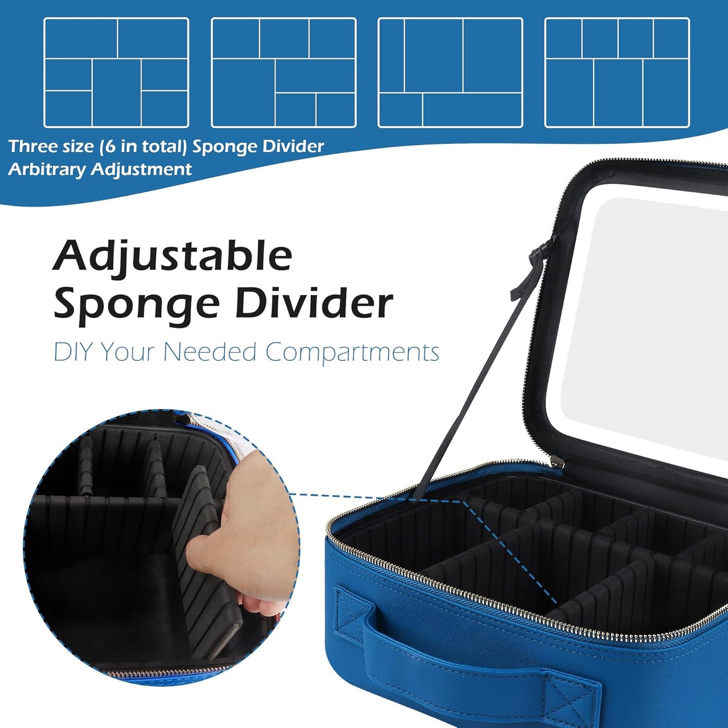 MOMIRA Travel Makeup Bag Cosmetic Bag Makeup Organizer Bag with Lighted Mirror, Adjustable Brightness in 3 Color Scenarios, Waterproof Makeup Train Case, Gift for Women - Cyan Blue