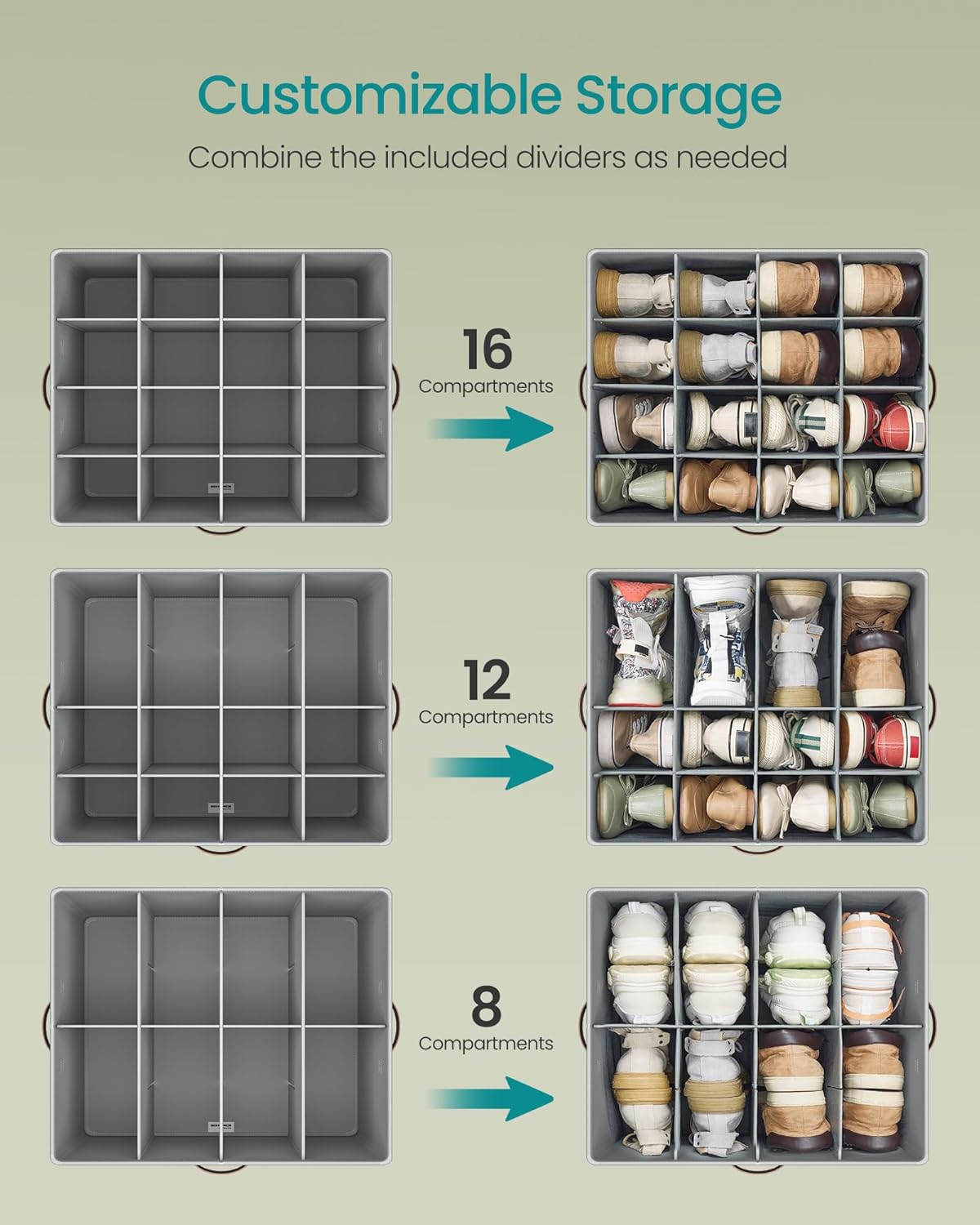 SONGMICS Shoe Organizers for Closet, Pack 2 Shoe Storage Bins, Fits 32 Pairs, Fabric Containers with Handles and Clear Cover, Adjustable Dividers, Customizable, Dove Gray ULSP556G01