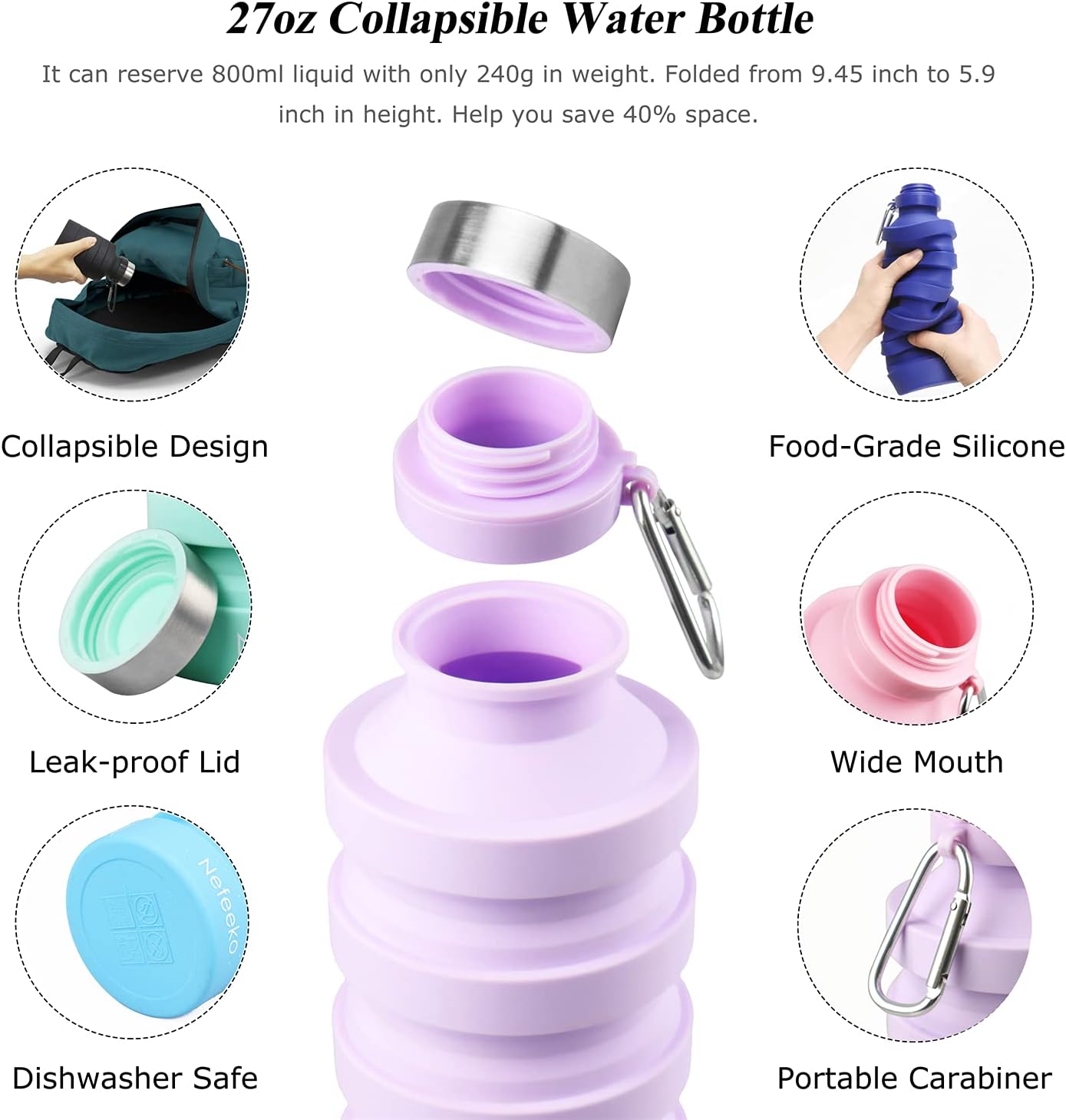 Nefeeko Collapsible Water Bottle, Reuseable BPA Free Silicone Foldable Water Bottles for Travel Gym Camping Hiking, Portable Leak Proof Sports Water Bottle with Carabiner