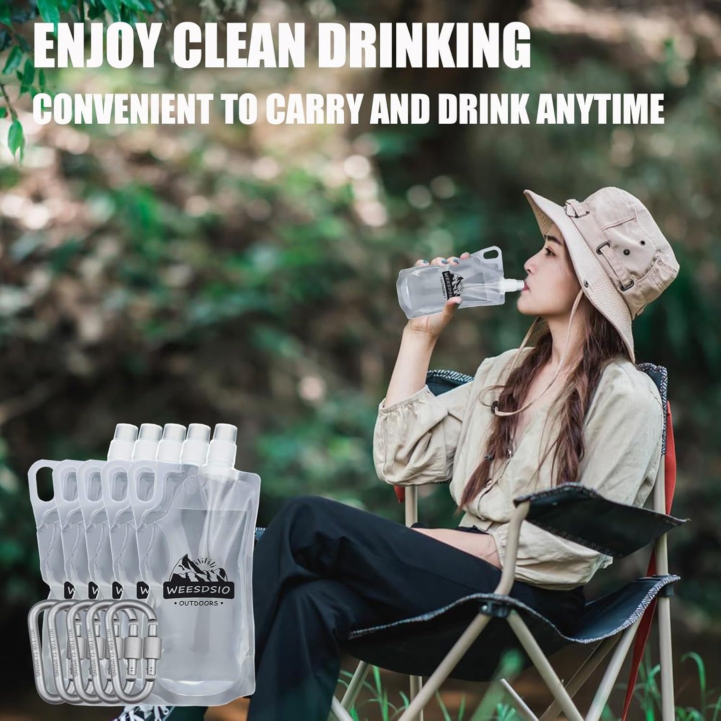 5-Pack 1L Hiking Collapsible Water Bottles with Mountaineering Buckle (Not Suitable for Climbing) BPA-Free Foldable Backpacking Water Bottle for Camping Hiking Running Cycling Mountaineering