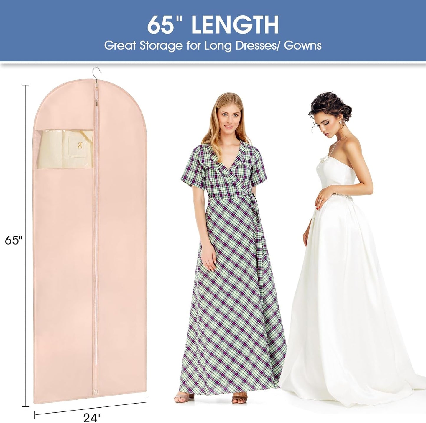 Dress Bags for Gowns, 65'' Pink Garment Bags for Hanging Clothes, Dress Garment Bag Women, Long Dress Cover with Clear Window for Dresses, Coats, Uniforms（2 Pack）