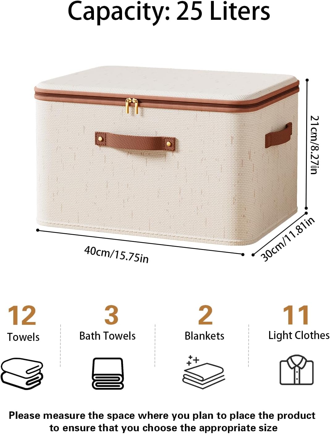 Tuza 3 Pcs Rigid Storage Bins with Zipper Lid, Cotton Linen Fabric Storage Boxes, Foldable Shelves Clothes Storage Cubes with Handles for Wardrobe, Closet(Beige, 25L)