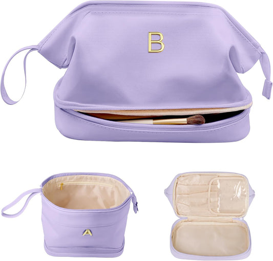 Monogrammed Gift for Women Girls, Initial Makeup Bag, Personalized Double Layer Cosmetic Bag with Makeup Brush Organizer, Large Capacity PU Leather Travel Toiletry Bag, Sister Gifts