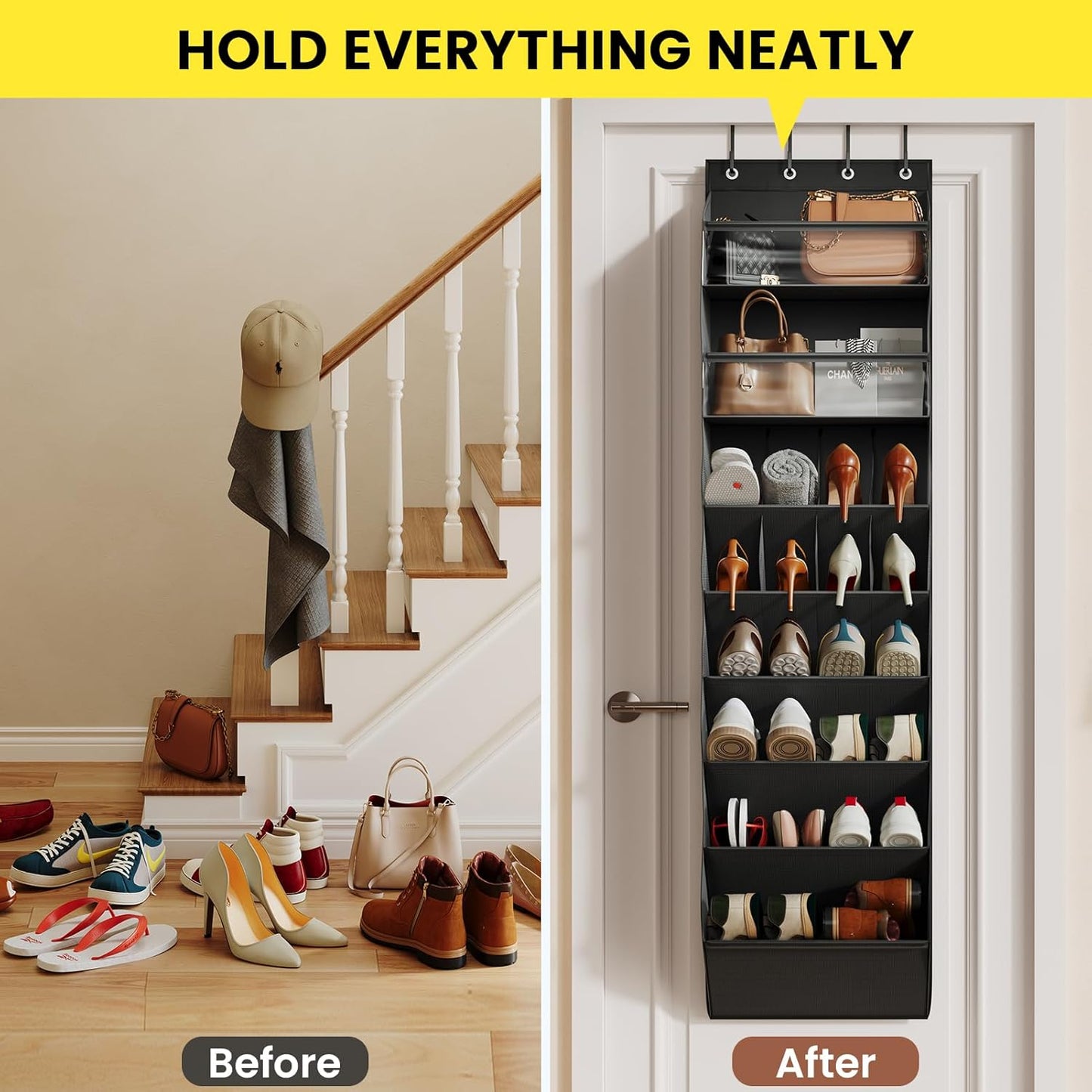 Over the Door Shoe Organizer for Closet, Shoes Rack with 8 Tier Large Deep Pockets, Hanging Shoe Organizers for Boot Storage, Behind the Door Narrow Shoe Holder for Small Shoes, Black