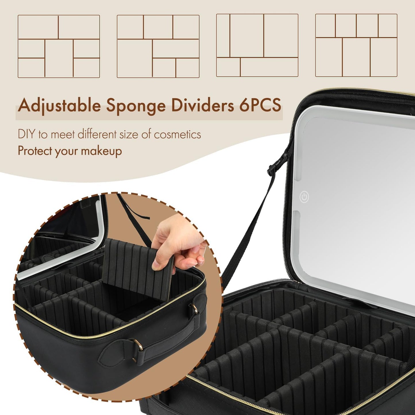 Travel Makeup Bag with LED Mirror Double Layer, Detachable Vanity Mirror with Lights, Tri-light Dimmable, Makeup Case with Adjustable Dividers and Brush Holder Cosmetic Organizer Storage Box