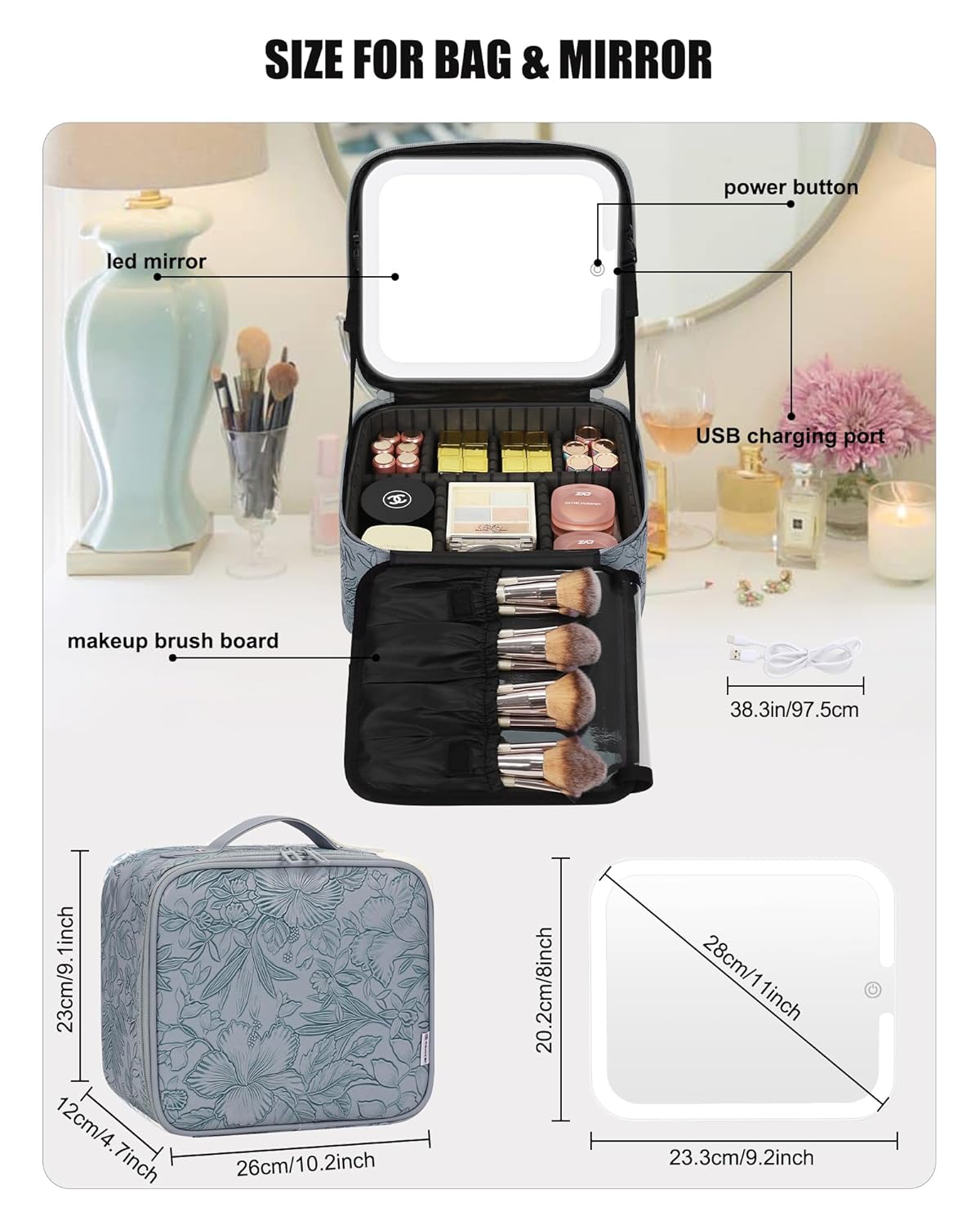 Relavel Travel Makeup Bag With LED Mirror for Women, Cosmetic Organizer Bag with Adjustable Brightness in 3 Color Scenarios, Detachable Dividers, Waterproof Train Case for Daily - Dark Blue FLowers