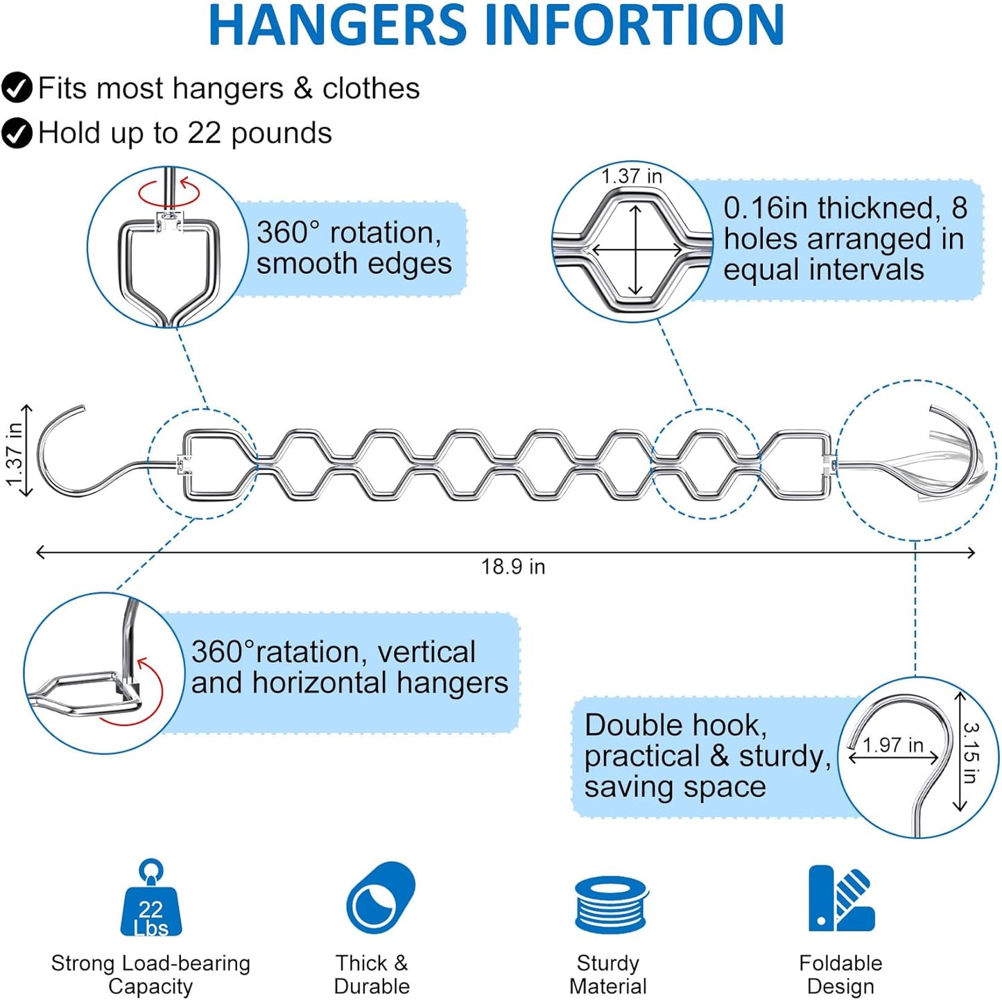 12 Pack Space Saving Hangers for Clothes, Heavy Duty 30Lbs Capacity Magic Clothes Space Saver Sturdy Metal Hanger Organizer with 360° Swivel Hook, Closet Organizers Storage Dorm Essentials Silver