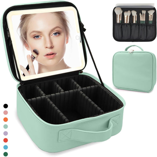 Travel Makeup Bag with LED Lighted Mirror, Travel Makeup Organizer,3 Color Setting Cosmetic Makeup Box, Adjustable Dividers and Brush Holder（light green）