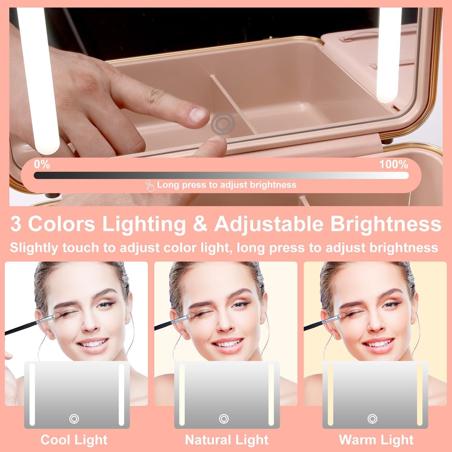 Mocado Travel Makeup Case with Lighted Mirror, Makeup Box with 8 Makeup Brushes and 10x Magnifying Mirror, Adjustable Brightness Makeup Train Case with Makeup Brushes Divider(Rose Gold)