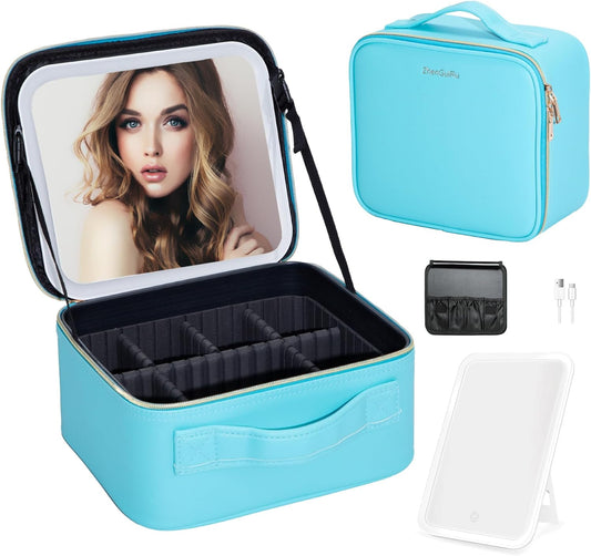 Travel Makeup Bag with LED Mirror – Waterproof Cosmetic Train Case with Adjustable Dividers, Portable Makeup Organizer and Toiletry Bag for Women, Teens & Girls Gift, Blue