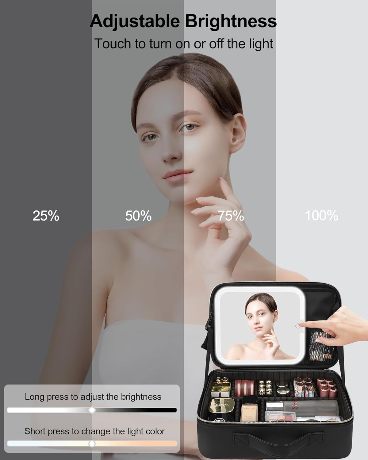 Chomeiu Makeup Bag with LED Mirror, Travel Cosmetic Train Case for Women, Makeup Artists Large Organizer Box with Vanity Light Up Mirror, 3 Color Lights, Adjustable Dividers & Shoulder Strap (Black)