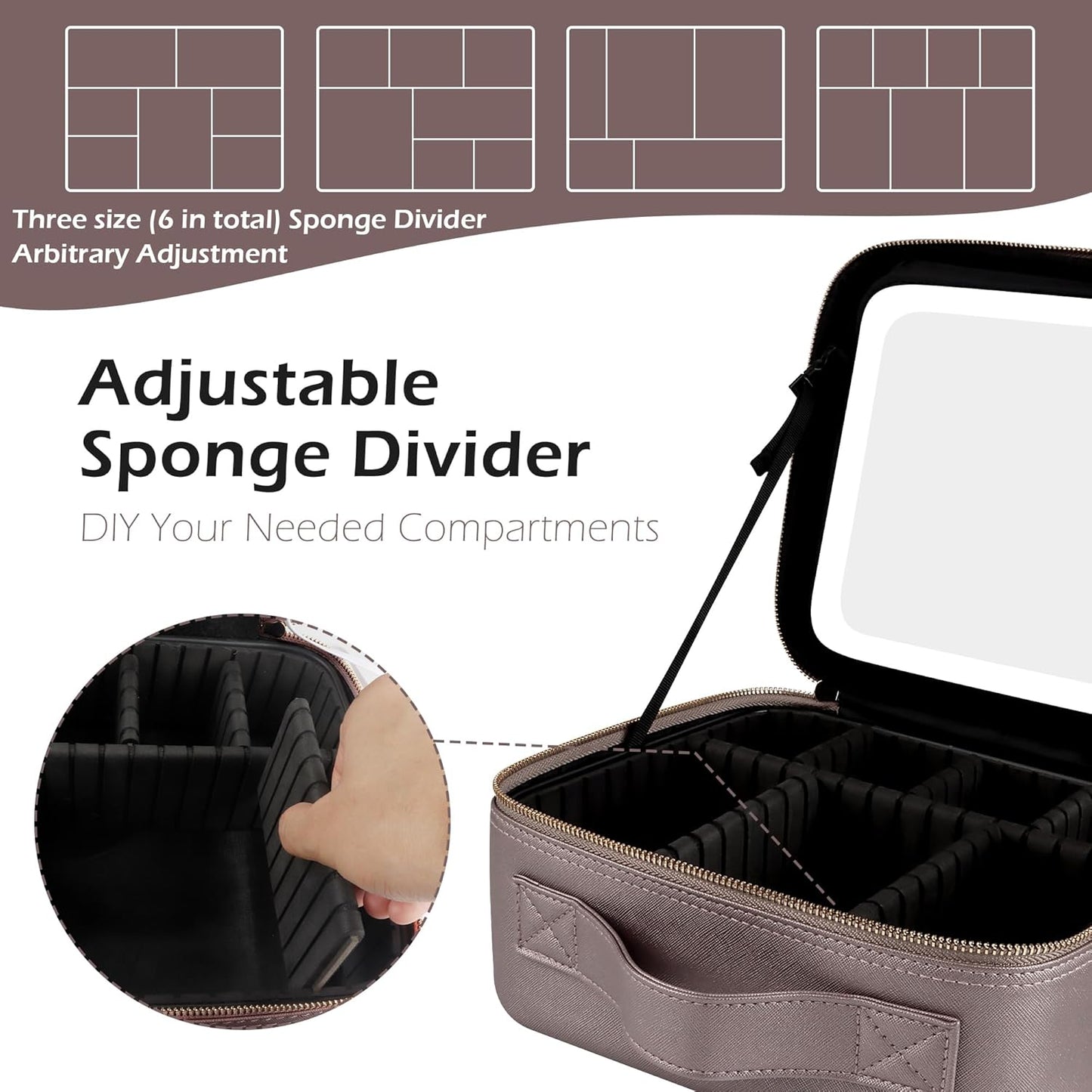 MOMIRA Travel Makeup Bag Cosmetic Bag Makeup Organizer Bag with Lighted Mirror, Adjustable Brightness in 3 Color Scenarios, Waterproof Makeup Train Case, Gift for Women - Pearl Light Gray