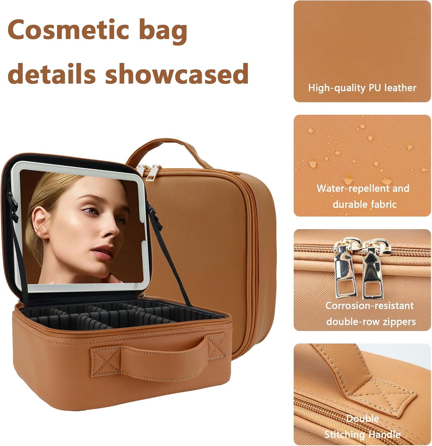 Travel Makeup Bag for Women and Makeup Artists Cosmetic Organizer Large Makeup Case,Travel Makeup Bag with Mirror 3 Color Setting,Portable Storage and Adjustable Dividers(light brown)