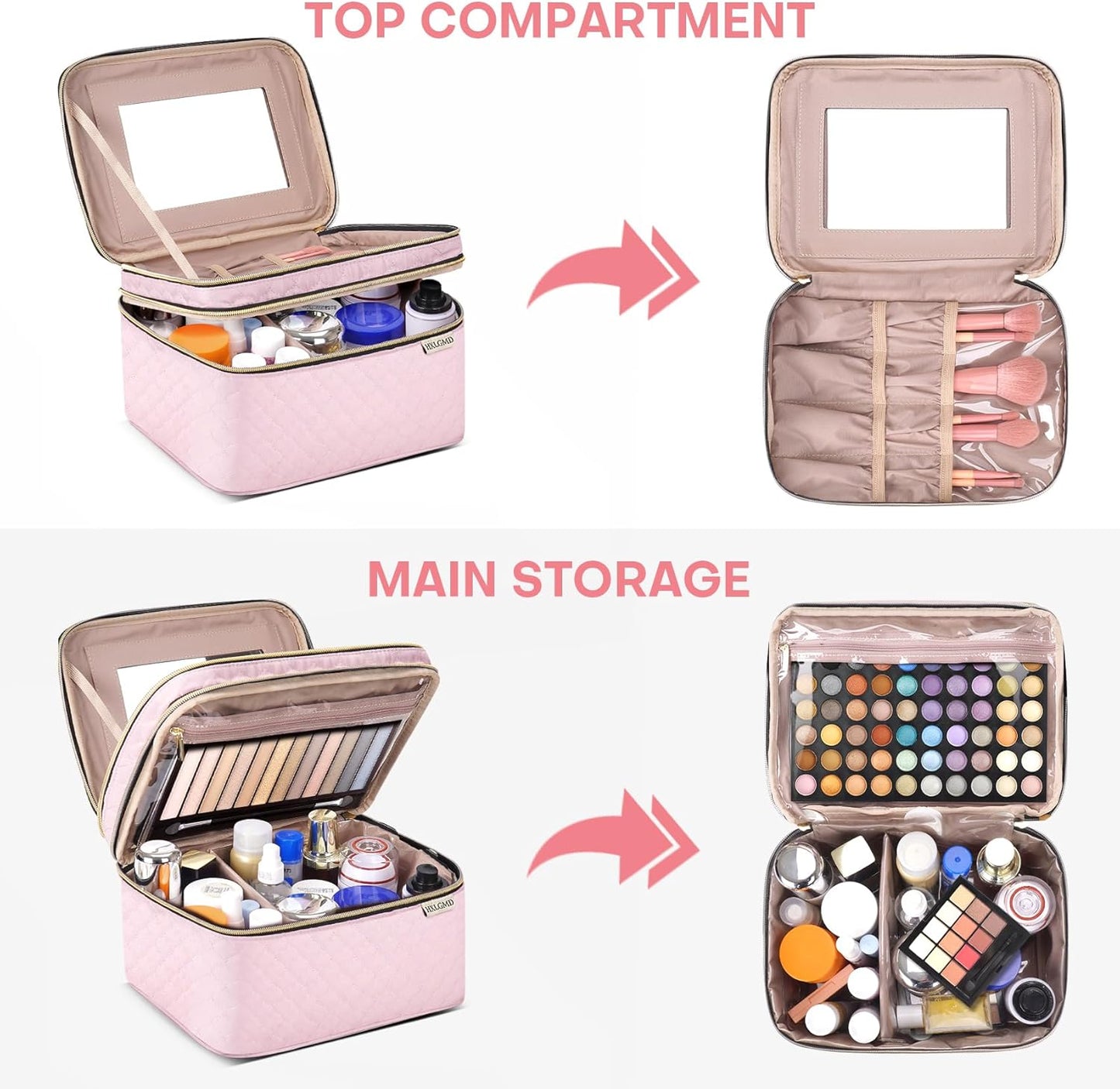 Double Layer Travel Makeup Bag Women, Cosmetic Organizer Case, Travel Essentials Accessories with Shoulder Strap for Bottles, Brushes, Conditioner, Skin Care Products, Pink