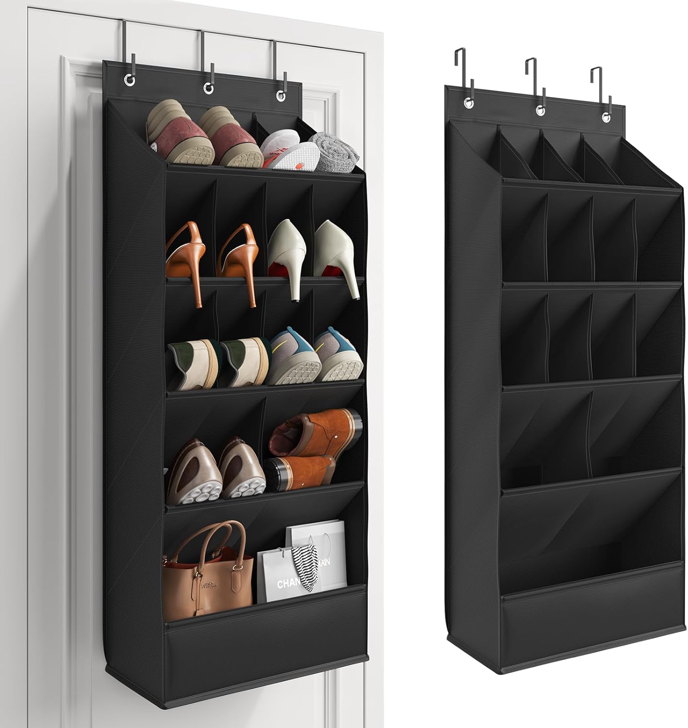 Over the Door Shoe Organizer for Closet, Shoes Rack for Closet with 15 Large Pockets, Hanging Shoe Organizers for Boot Storage, Behind the Door Narrow Shoe Holder for Small Shoes, Black