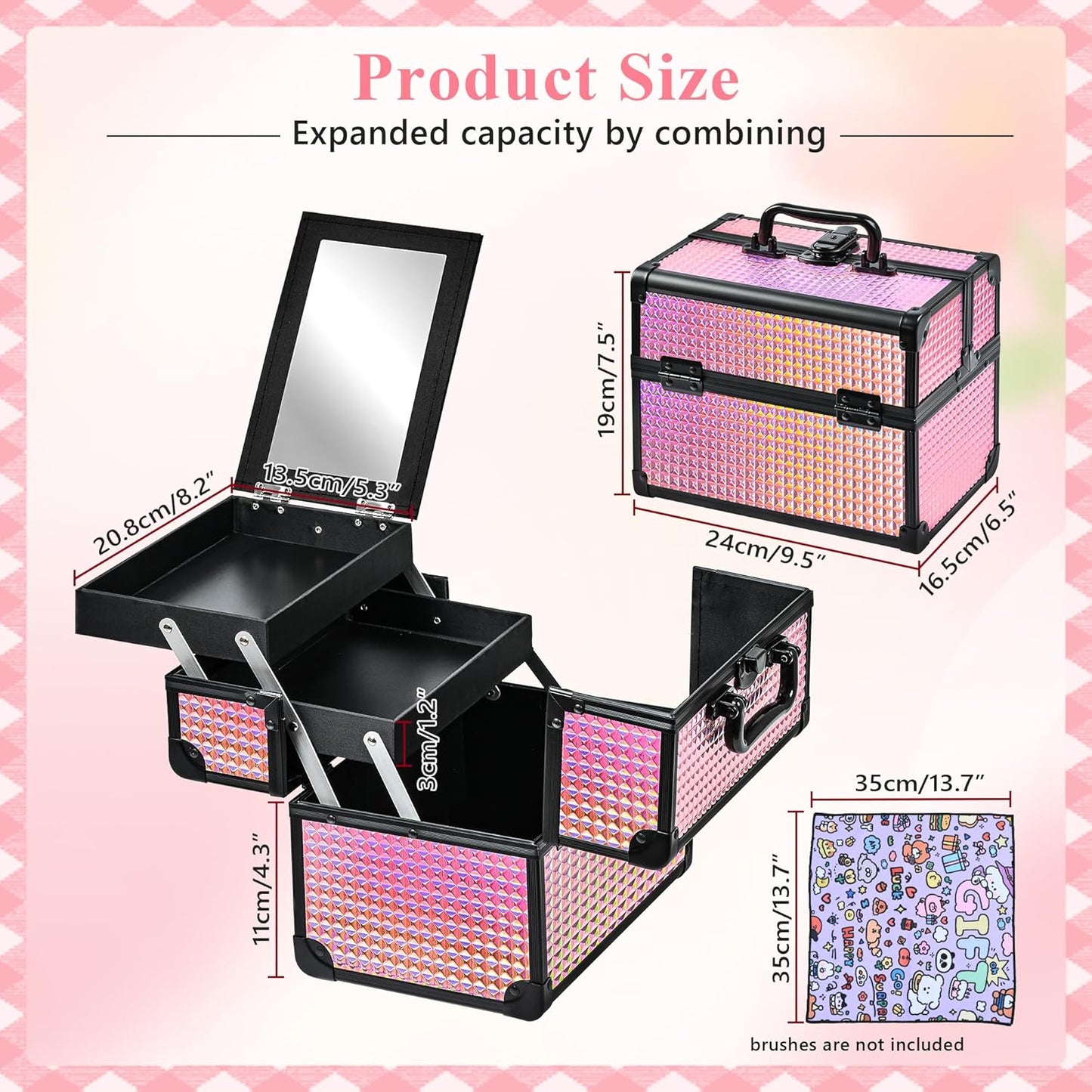 Makeup Case Organizer,Makeup Train Case, Trays Cosmetic Box Portable, Profesional for Salon Barber,Black Bright Pink