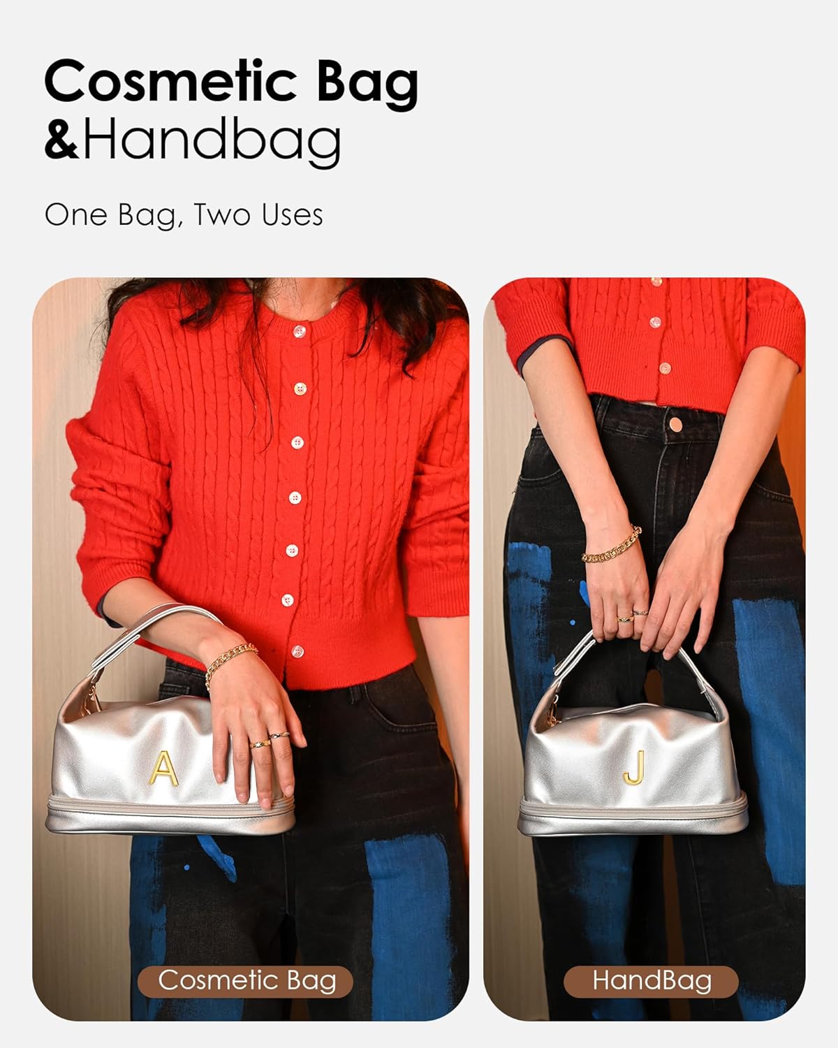 Women Gift Ideas, Personalized Makeup Bag with Handle, Initial Double Layer Cosmetic Bag with Makeup Brush Organizer, Cute Cosmetic Pouch for Women, Gifts for Friends Female Mom