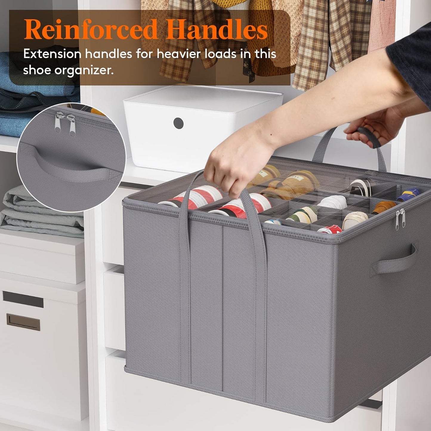 Lifewit Shoe Storage Organizer for Closet, Fits 12-16 Pairs, Large Shoe Box Storage Containers with Clear Cover and Reinforced Handles, Foldable Storage Bins Fit for Boots Heels Sneakers, 1 Pack Gray