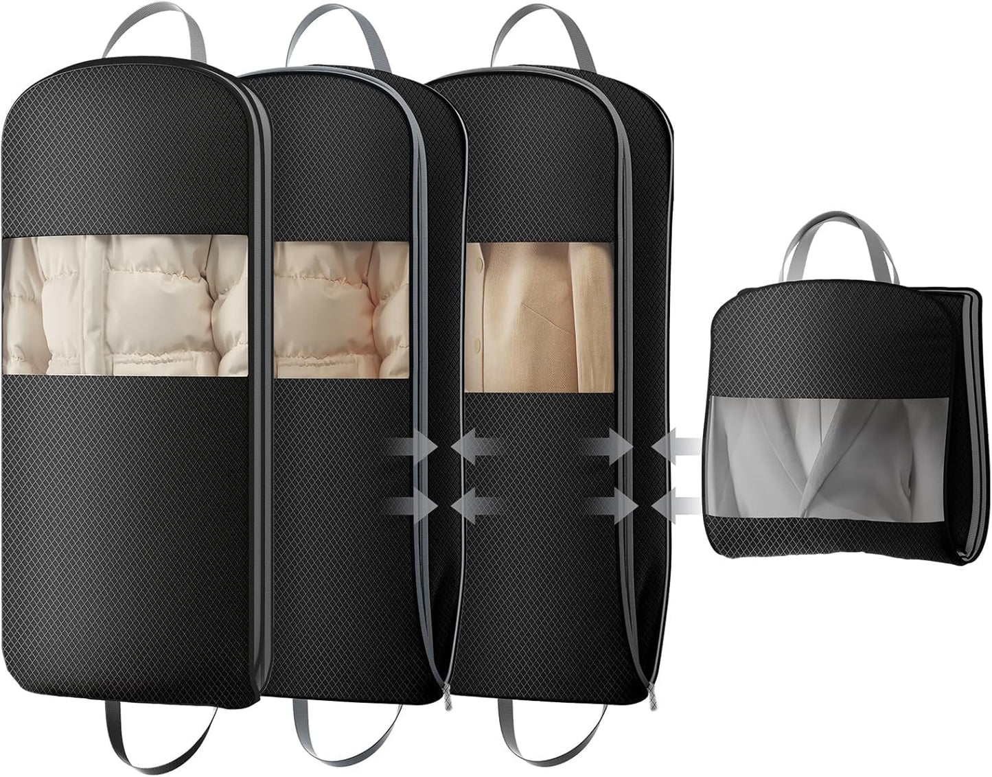 DIMJ 3 Pack 43" Garment Bags for Hanging Clothes - Space Saving Compression Suit Bag Travel with Handles Window, Washable Carry Clothing Storage Cover for Dress, Coats, Down Jacket, Shirts