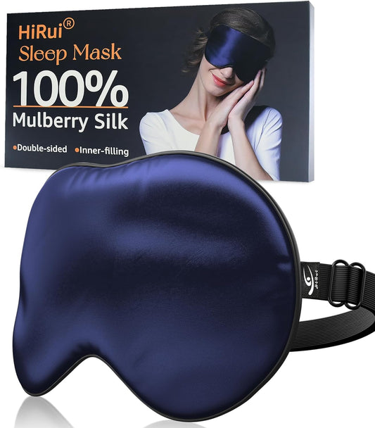HiRui Silk Sleep Mask, 100% Natural Mulberry Silk of Double-Sided & Inner-Filling, Ultra-Smooth Soft, Adjustable Strap, Blocks Light for Night Sleeping, Travel, Office Naps (Navy Blue)