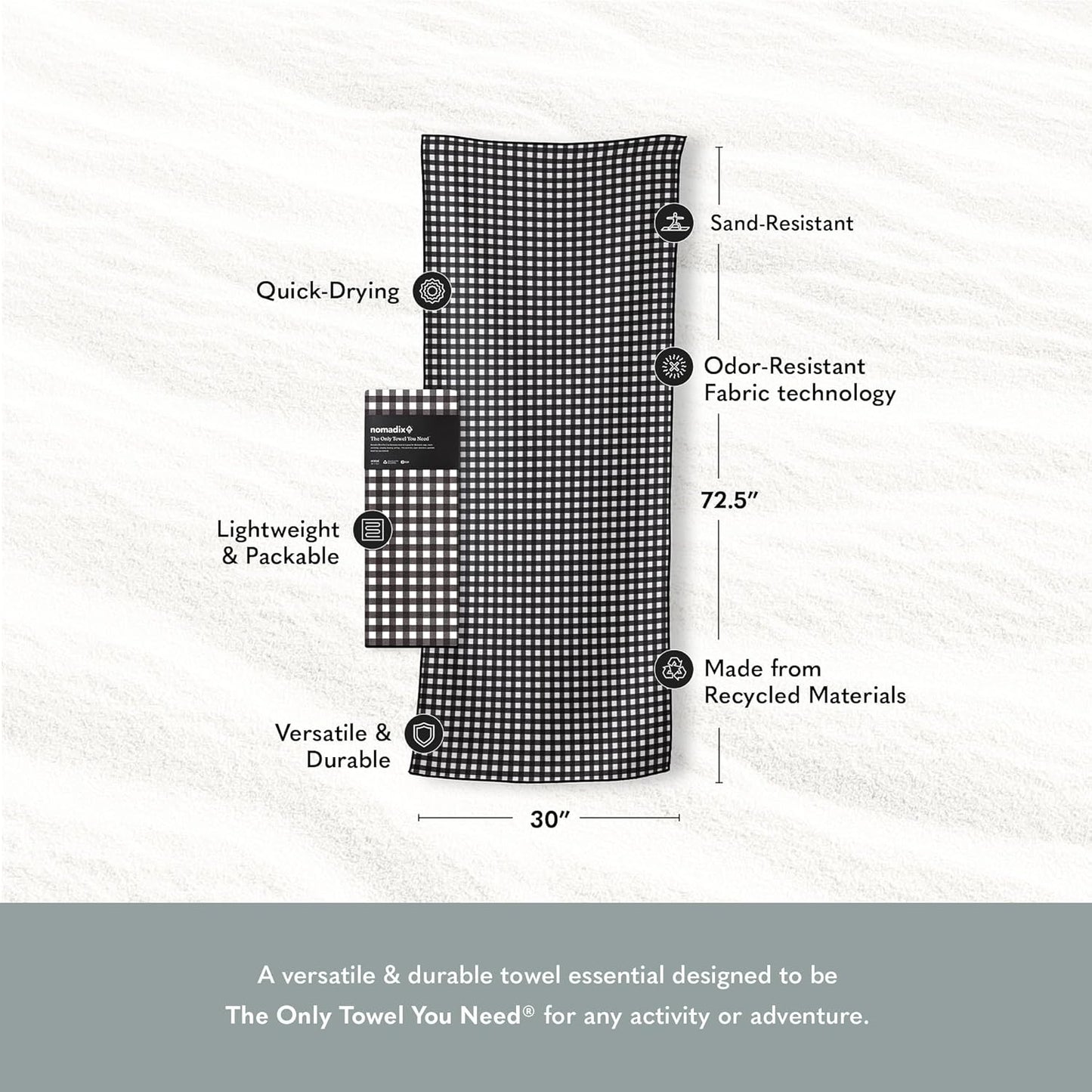 Nomadix Original Towel - Perfect for Beach, Pool, Travel, Camping, Yoga - Made with Recycled Materials - Super Absorbent - Sand Resistant - Gingham Black - 72.5x30