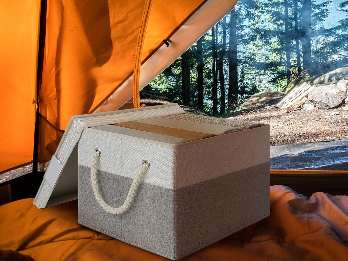 LoforHoney Home Fabric Storage Bins with Lids for Organizing, Foldable Closet Storage Boxes for Shelves, Clothes Baskets with Cotton Rope Handles, XLarge, Beige & Gray, 4-Pack