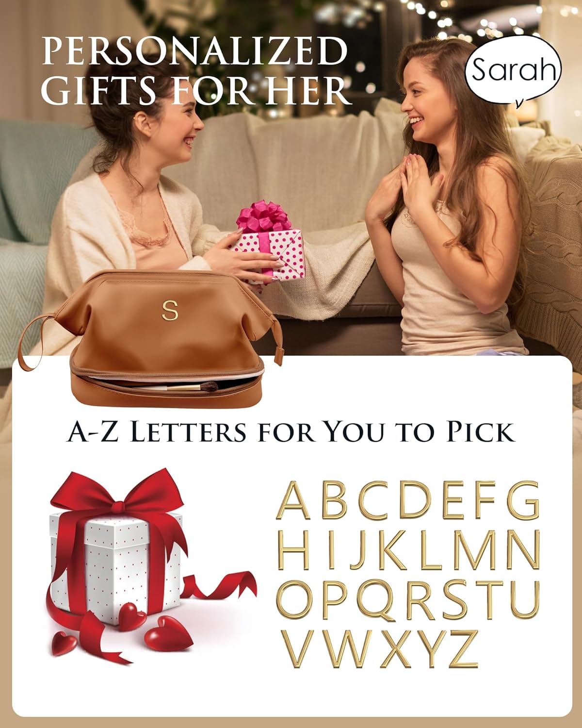 Gifts for Niece, Personalized Makeup Bag, Monogrammed Gifts, Initial Double Layer Cosmetic Bag with Makeup Brush Organizer, Travel Toiletry Bag, Gifts for Friends Female Mom, Teen Girl Gifts