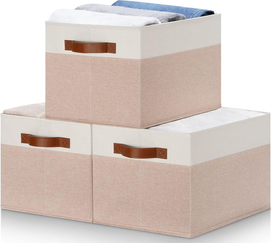 Large Fabric Storage Bins, Foldable Fabric Storage Baskets for Shelves, Sturdy Storage Boxes with PU Handles for Organizing Closet Home Bedroom Office (26L, 3 Packs, Pink&White)